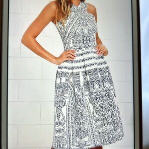 ELLIATT Portion denim blue and ivory print midi dress. Criss cross front. Size M
